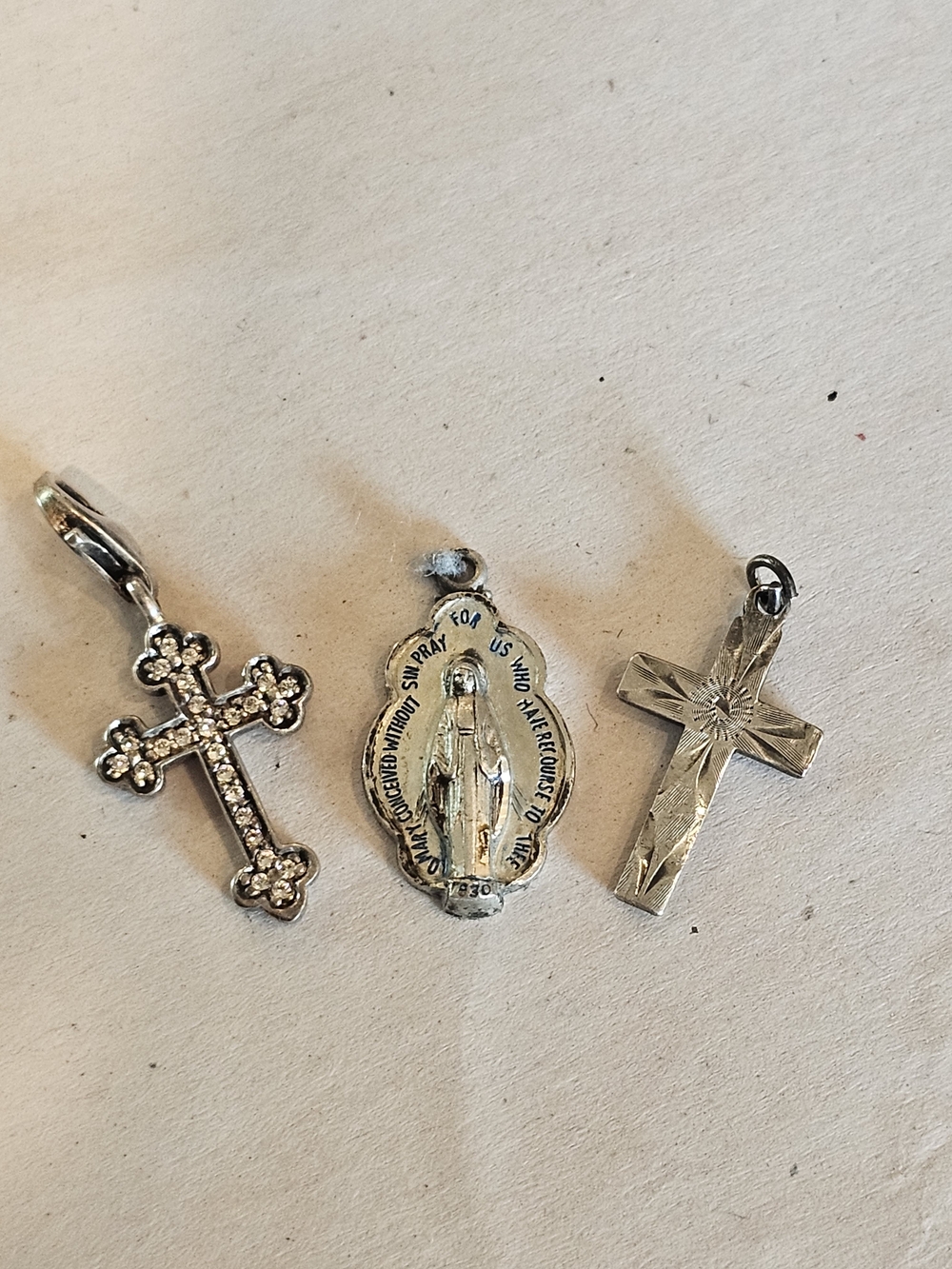 3 Pcs Sterling Cross and Miraculous Medal Charms